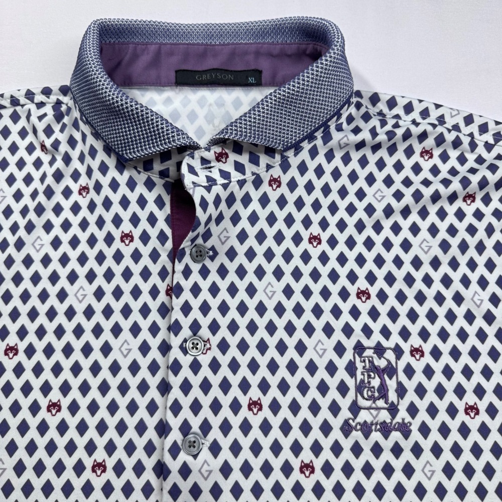 Greyson Golf Polo Shirt Mens XL TPC Scottsdale Purple Over Wolf Print Geometric